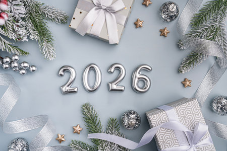 Elegant New Year 2026 Celebration with Silver Decorの写真素材
