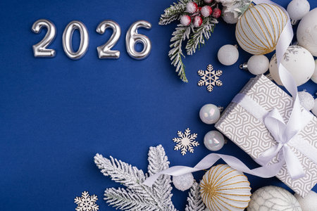 Silver 2026 New Year Decor with White Ornaments and Gift