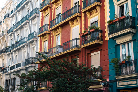 Colorful Facade of European Residential Buildings with Balconies