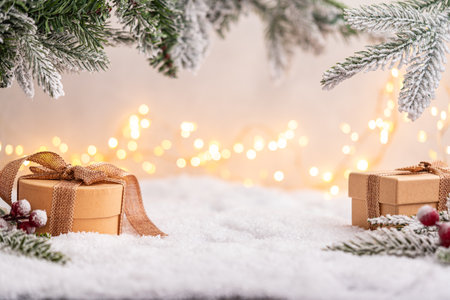 Rustic Gift Boxes on Snow with Frosted Pine and Warm Lightsの写真素材