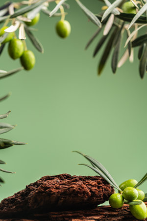 Olive branches and wooden podium on green background, natural cosmetic sceneの写真素材