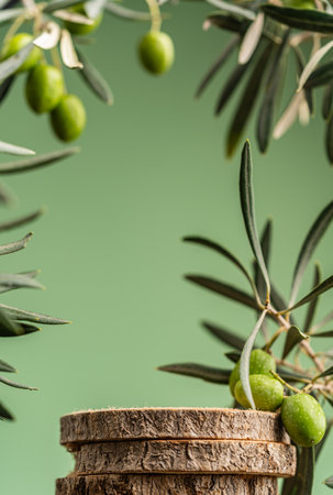 Olive branches and wooden podium on green background, natural cosmetic sceneの写真素材