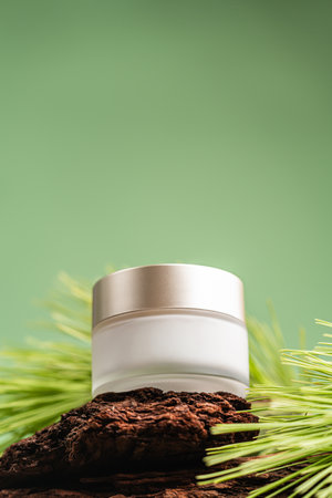 Age cream on pine bark with green background, natural skincare conceptの写真素材