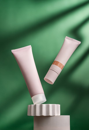 Two cosmetic tubes on pedestal with green background and soft lightingの写真素材