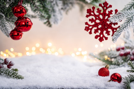 Red Christmas Ornaments on Snow with Frosted Pine Branchesの写真素材