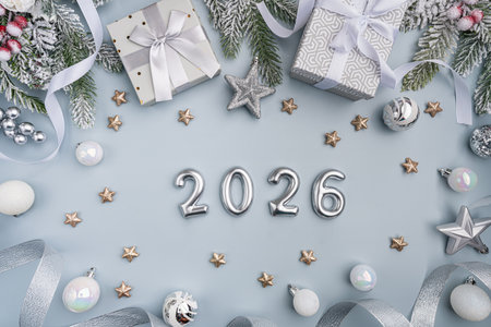 Elegant New Year 2026 Celebration with Silver Decorの写真素材