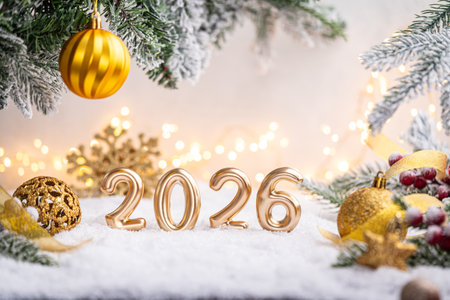 Golden 2026 New Year Scene with Ornaments and Snow