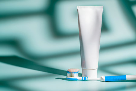 A toothbrush with a dab of pink toothpasteの写真素材