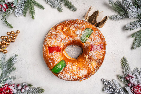 Roscon de reyes is a traditional Spanish Christmas pastry cakeの写真素材