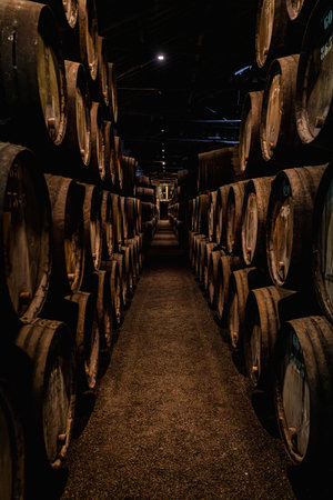Wine cellar with wooden barrels in Porto Portugal