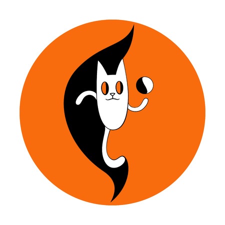 abstract cat with ball, black and white on an orange backgroundのイラスト素材