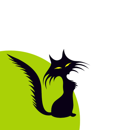 abstract silhouette of a green-eyed black cat on green backgroundのイラスト素材