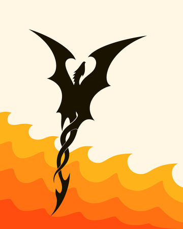 abstract silhouette of a flying dragon over fireのイラスト素材