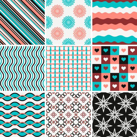 Collection of seamless backgrounds. Set of abstract patterns  in white, blue, black and pink colors.のイラスト素材