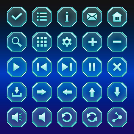 A set of translucent buttons on dark background, vector interface for gamesのイラスト素材