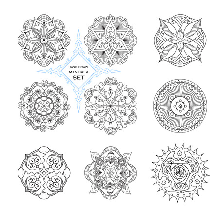 A set of nine mandalas in the style of boho. Abstract circular pattern of contour lines.のイラスト素材