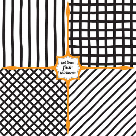Set of four monochrome patterns. Wide vertical lines, mesh, diamonds and diagonal lines. Large grid of dark lines drawn by hand.のイラスト素材