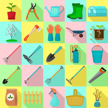 Flat set icons of garden tools, spring time. Flat style for web design.のイラスト素材
