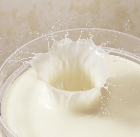 Pouring milk into glass, splashing milk, close-upの写真素材
