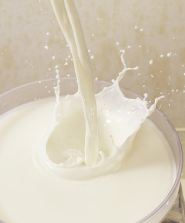 pouring milk into a glass with splashes on a gray backgroundの写真素材