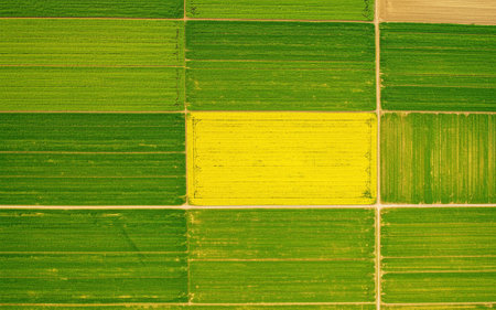 Aerial view of green and yellow fields in the countryside. Top view.の素材