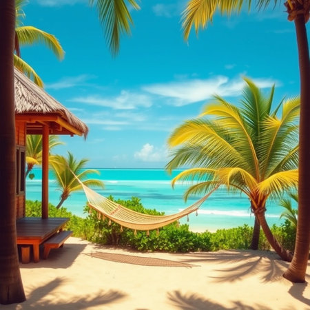 Hammock on tropical beach with palm tree and turquoise waterの素材