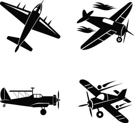 airplane icon set isolated on white background, vector illustration in blackのイラスト素材