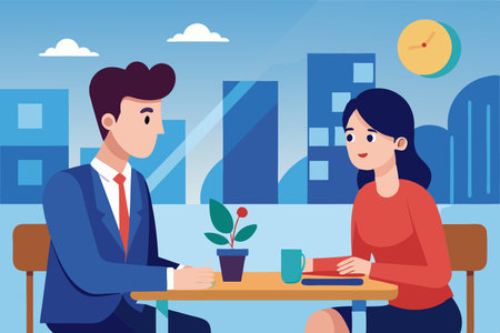 business couple sitting in the cafe with cityscape background vector illustration designのイラスト素材