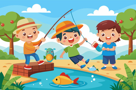 Happy kids fishing in the river cartoon vector illustration. Boys and girls fishing in the park.のイラスト素材