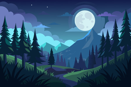 Night landscape with forest and full moon. Vector illustration in flat styleのイラスト素材