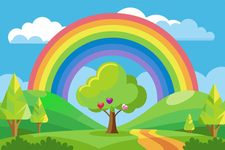 Rainbow and tree in the forest. Vector illustration in cartoon styleのイラスト素材