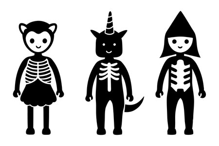 Set of Halloween black and white vector silhouettes of kids in skeleton costumeのイラスト素材