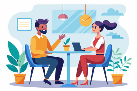 Businessman and businesswoman working together in office. Office workers sitting at table with laptop and discussing project. Flat vector illustration.のイラスト素材