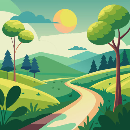 Vector illustration of a summer landscape with road, trees and mountains.のイラスト素材