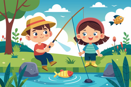 Boy and girl fishing in the lake with a rod vector illustration designのイラスト素材