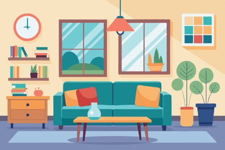 Living room interior with furniture. Vector illustration in flat cartoon style.のイラスト素材