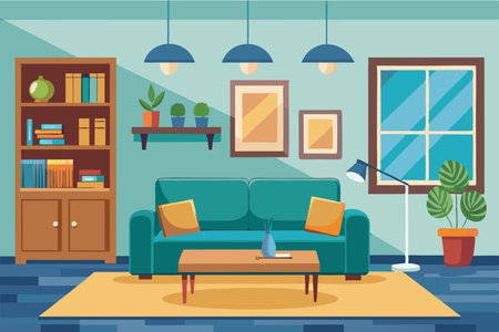 Living room interior with sofa, coffee table, bookshelf and window. Flat style vector illustration.のイラスト素材
