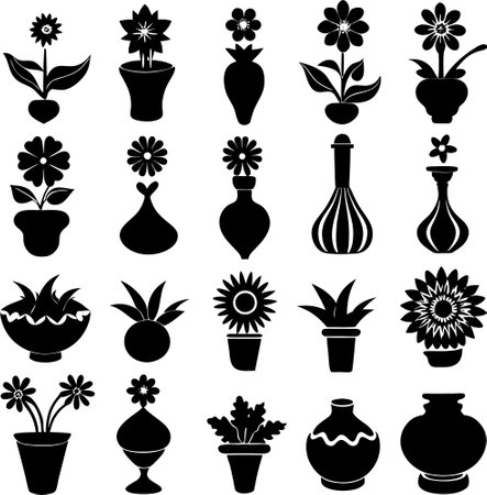 Flower in vase icon set. Black and white vector illustration.のイラスト素材