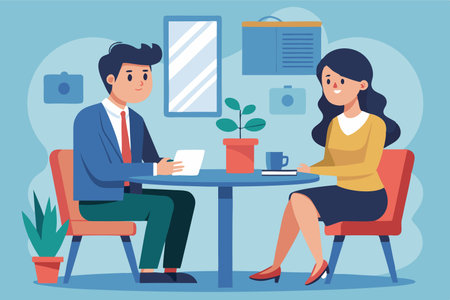 Businessman and businesswoman meeting in office. Vector illustration in flat styleのイラスト素材