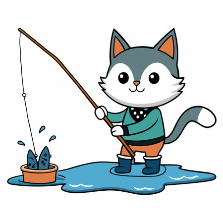 Fisherman cat with a fishing rod. Vector illustration on white background.のイラスト素材