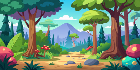 Forest landscape background. Cartoon illustration of forest landscape background for web designのイラスト素材