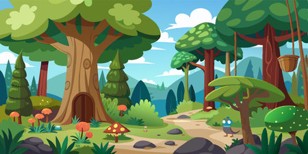 Forest landscape background with mushrooms and trees. Cartoon style vector illustration.のイラスト素材
