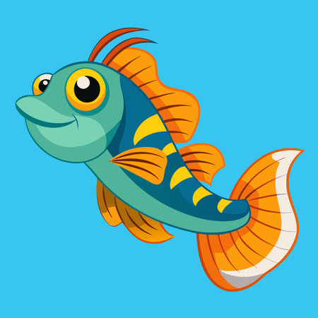 Cute cartoon fish on a blue background. Vector illustration of a fish.のイラスト素材