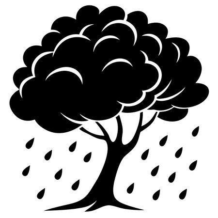 illustration of black and white tree with raindrops isolated on white backgroundのイラスト素材