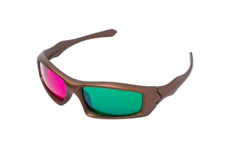 Anaglyphic magenta and green 3D glasses on white backgroundの写真素材