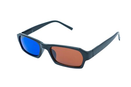 Anaglyphic blue and brown 3D glasses on white backgroundの写真素材