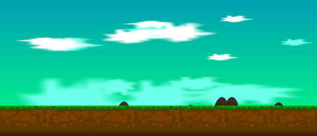 2d game background with ground, grass, sky, and clouds. suitable for game asset.のイラスト素材