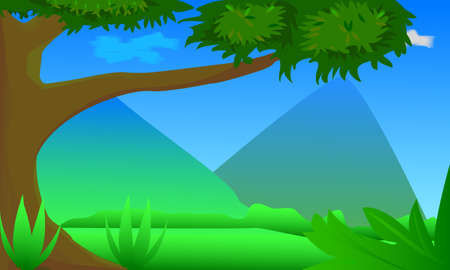 2d game background with ground, grass, sky, and clouds. suitable for game asset.のイラスト素材