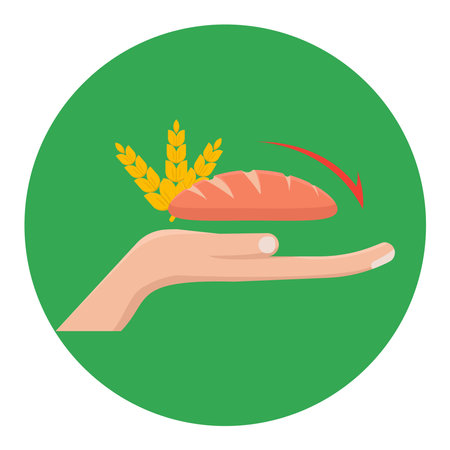 PICTURES OF THE HAND THAT ARE LOOKING UP AND BREAD ACCOMPANIED BY ARROW TO THE BOTTOM OF DESKRIBING THE FOOD CRISIS AND  HUNGER CRISISのイラスト素材