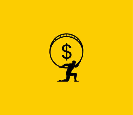Man holding a big giant coin illustration. Creative logo icon sign symbol. Good to use for finance, investment logo.のイラスト素材